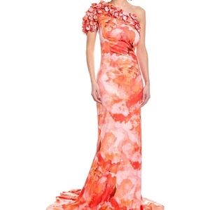 Rene Ruiz Floral Print One Shoulder Gown Size 8 Coral Multicolor Evening Gown